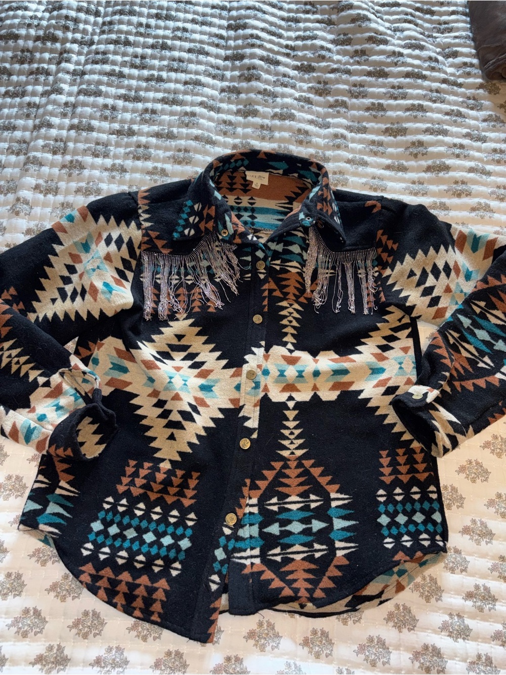 143 story Southwestern Fringe Button-Up jacket - Black, Teal & Brown